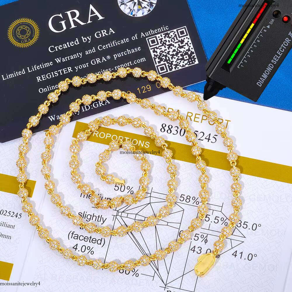 NUOYA 4mm Miami Cuban Chain Sterling Sier Round Bead VVS Moissanite Iced Out Hip Hop Necklace