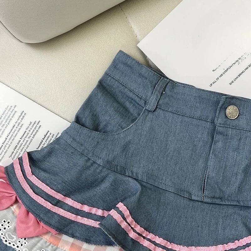 2025 Summer New Women's Cute Sweet Bow Cowboy Fluffy Skirt Fashionable Simple Fluffy Skirt Japanese Millennium Folded Fluffy trend Skirt Women�