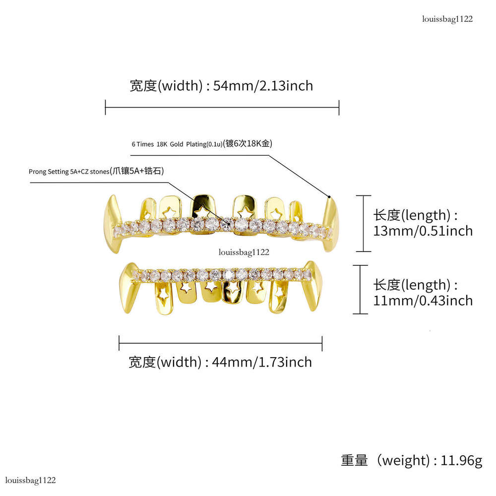 Real Gold Plated Hip-Hop Braces Full Zirconia Trendy Accessories Personality Sharp Teeth