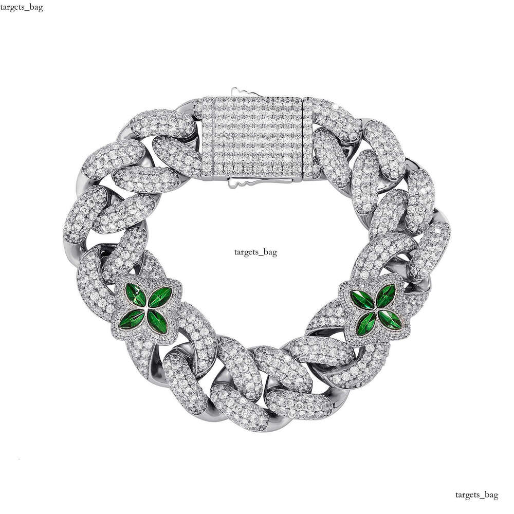 Hip Hop 20mm Four-Leaf Clover Green Personality Cuban Chain Spring Buckle Men's Bracelet