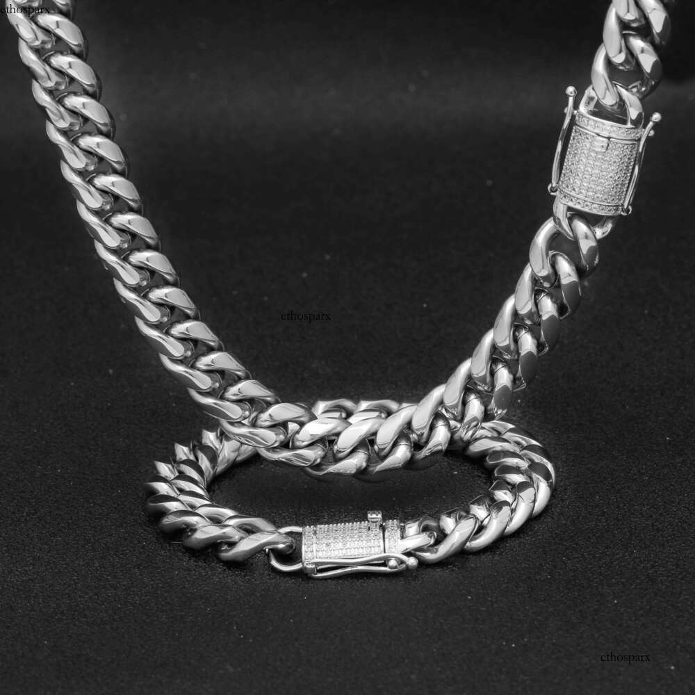 Wholesale 12mm Stainless Steel Gold Plated Dia Prong Clasp Necklace Cuban Link Chain