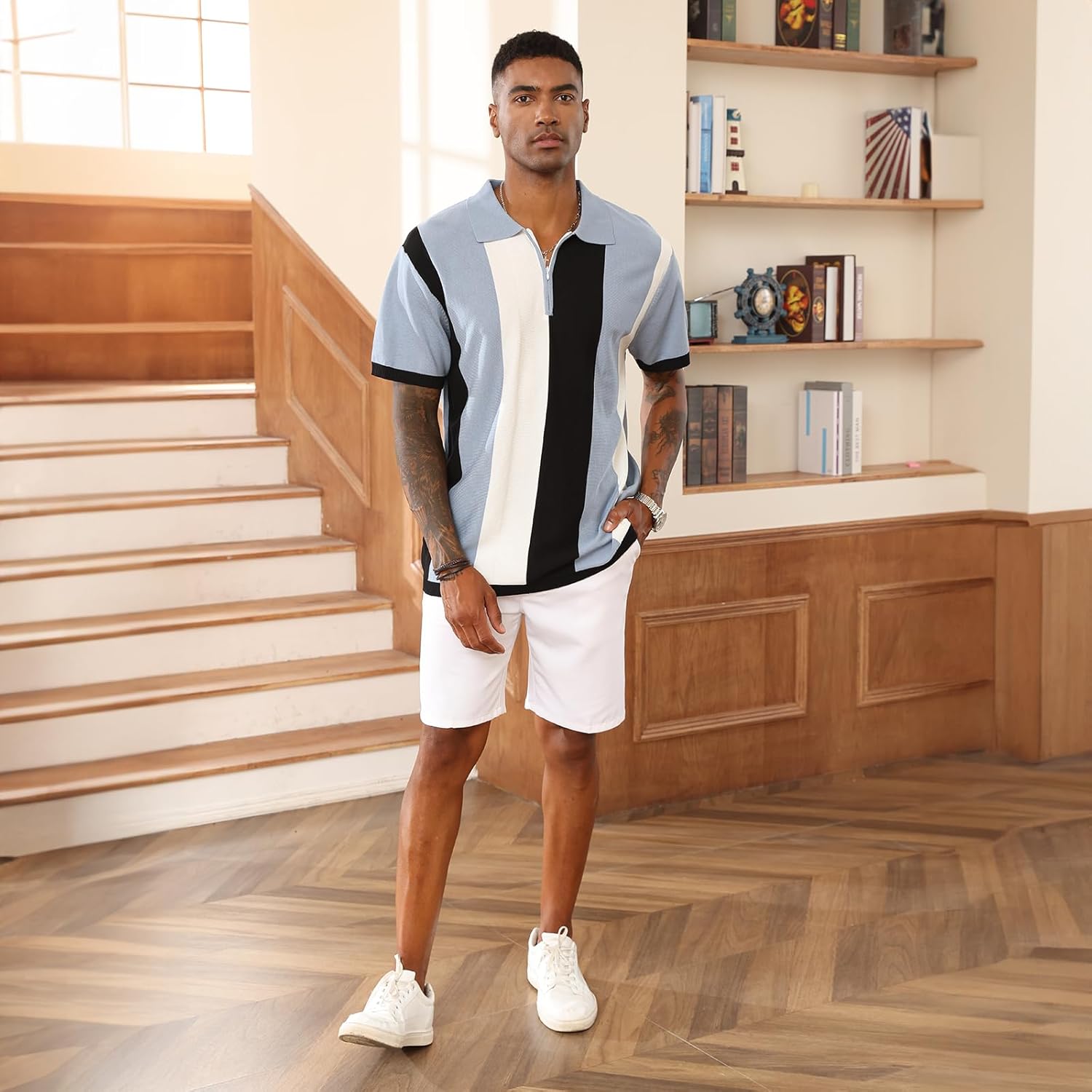 Men's Fashion Polo Shirts Vintage Striped Knitting Shirts Casual Slim Fit Golf Shirts