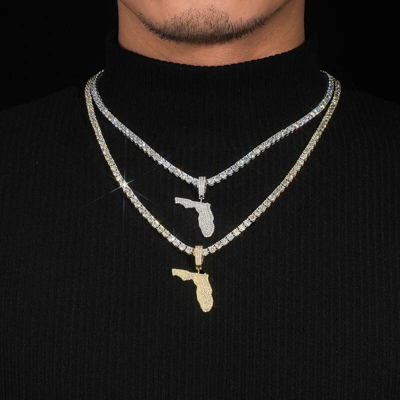 Hiphop Iced Bling Moissanite Florida State Pendant 925 Sterling Silver Plated 14k Gold Pass Diamond Tester Wholesale Jewelry