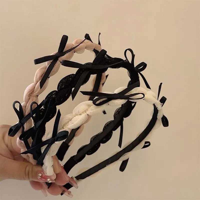Korean Black Ribbon Bow Bezel Bands for Women Girls Sweet Thin Edge Lace Mesh Hair Bands Haiand Hair Accessories Y250809