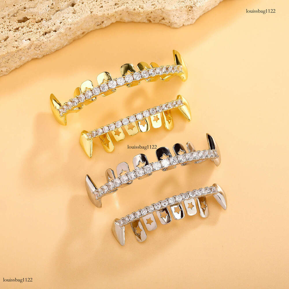 Real Gold Plated Hip-Hop Braces Full Zirconia Trendy Accessories Personality Sharp Teeth