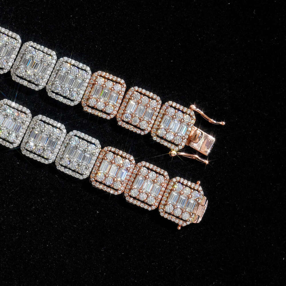 New Style Personality Hip-Hop Unisex Sier Inlaid Moissanite Two-Tone Square Cuban Chain