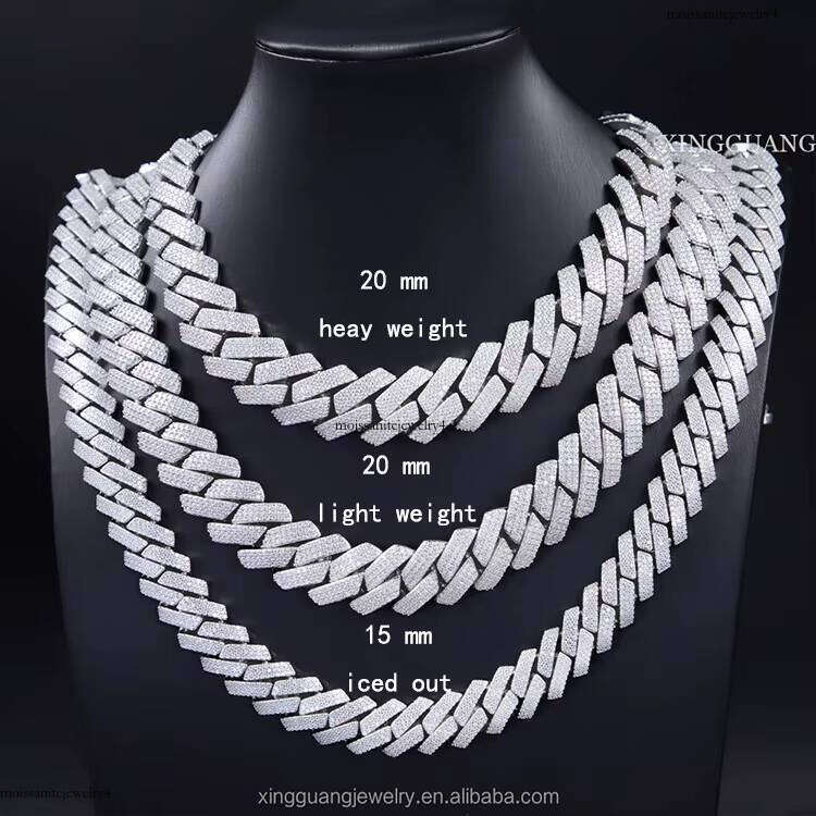RTS Iced Out 20 mm 3 Rows Hip Hop Moissanite Cuban Chian Sterling Sier Gold Plate Fine Jewelry Necklaces
