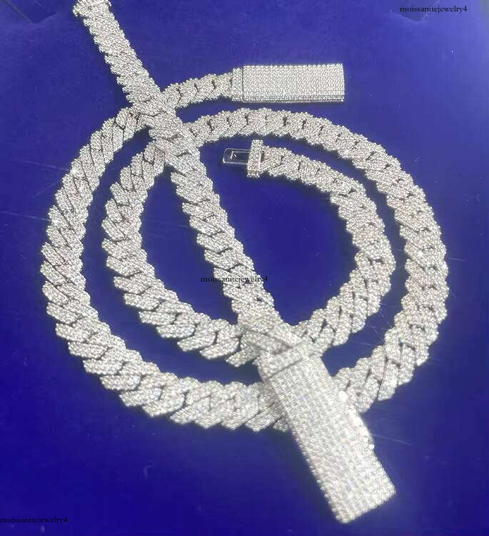 S Solid Sier Jewelry 2rows 10mm 12mm Width GRA Moissanite Dia Cuban Link Chain Hip Hop Necklace