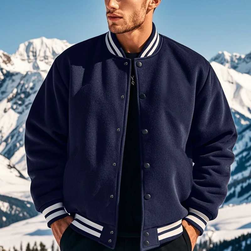 Mens Baseball Jacket with Stand-Up Collar Button Flight Jacket Monochromatic Loose Casual American Sports Autumn and Winter W250809