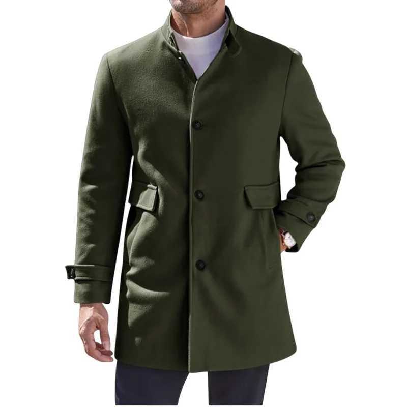Woolen Coat Mens Autumn Winter Solid Color Single Breasted Pockets Fashion Coats Jacket XJ250809