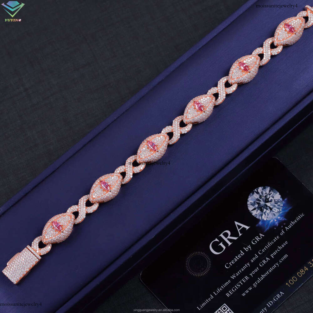 Fashion Hip Hop Jewelry Iced Out 15mm Sterling Sier Pink Marquise Moissanite Evil Eyes Cuban Bracelet