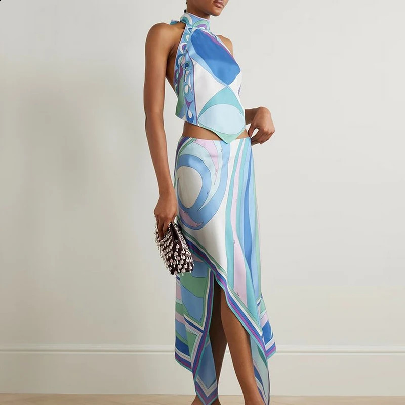 Satin Print Irregular Two Piece Sets Sexy Hanging Neck Top and Long Skirt Party Suit Fashion Backless Hollow Out Beach Outfits 250808