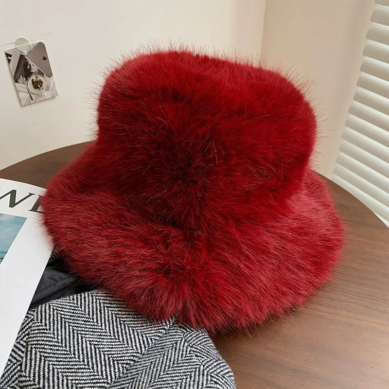 Big Fluffy Faux Fur Bucket Hats for Women Plush Fishermans Hat Winter Warm Fashion Colorful and Gorgeous Party Hat 250808