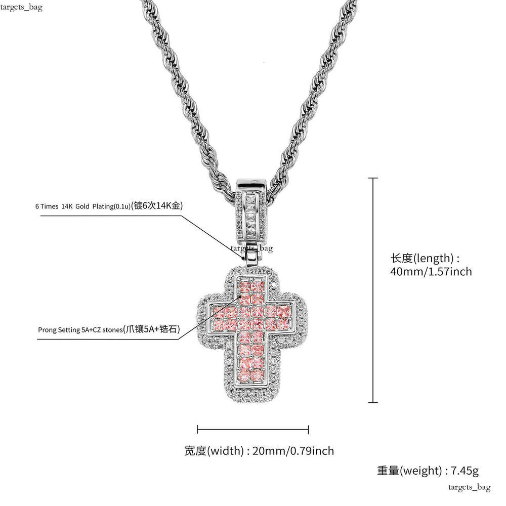 Hip Hop Fashion T Square Moissanite chain Pink Cross Necklace Personality Street Trend Jewelry