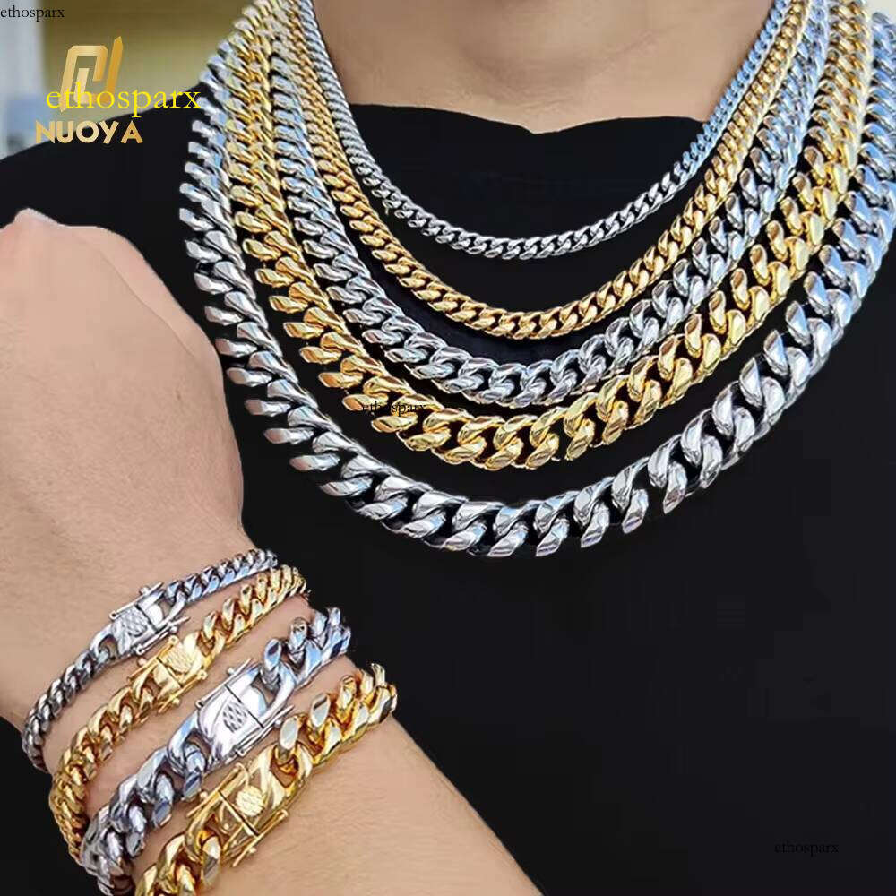 New High Polish Link Gold Plated Stainless Steel Necklace Miami Cuban Chain for Men