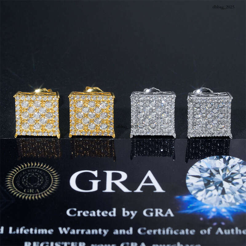 ICED OUT Classic Square Unisex Sier Plated Gold Moissanite Full Dia Earrings