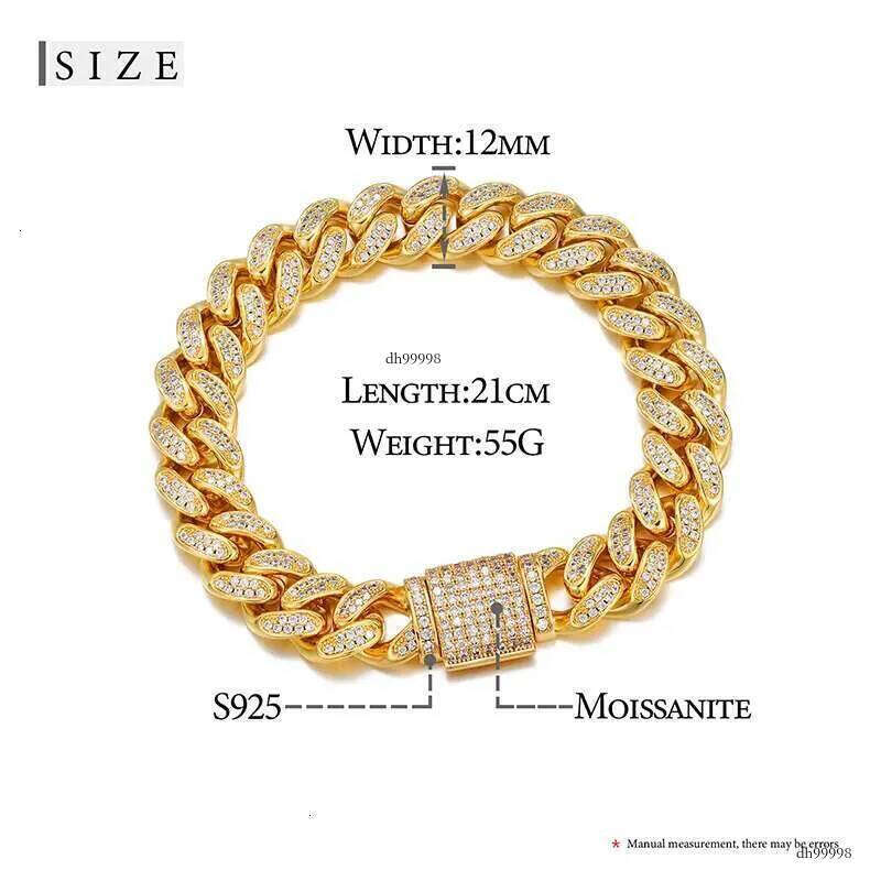 12MM Width Sterling Sier Iced Out VVS Moissanite with GRA Certification Cuban Link Bracelet Hiphop Jewelry for Men Women
