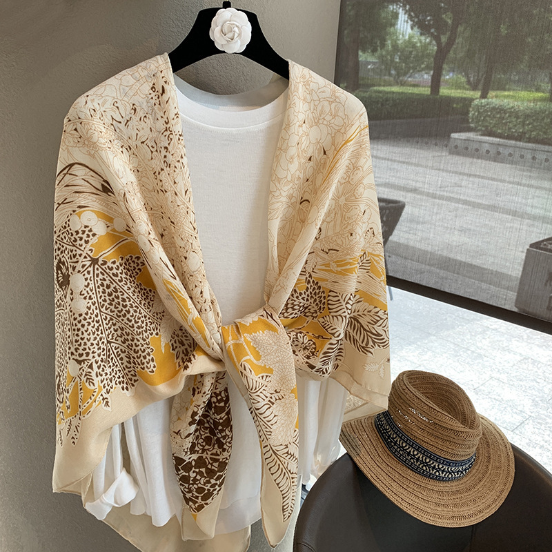 New Designer High end Scarf 2025 Linen Scarf Women's Large Square Scarf Thin Silk Scarf Outdoor Shawl Yellow Flower Big Shawl