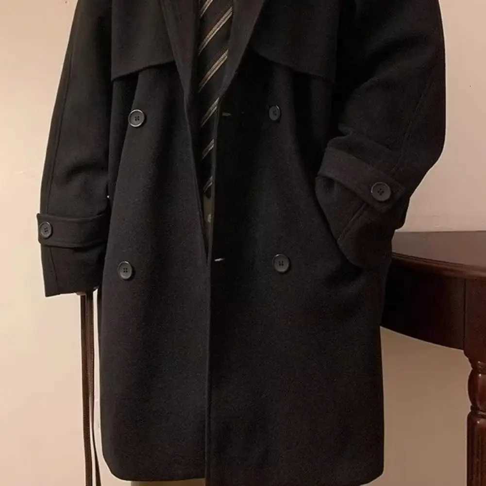 Men Solid Color Coat Stylish Mens Double-breasted Woolen Coat with Pockets Casual Mid-length Outerwear for Autumn Winter for A XJ250809