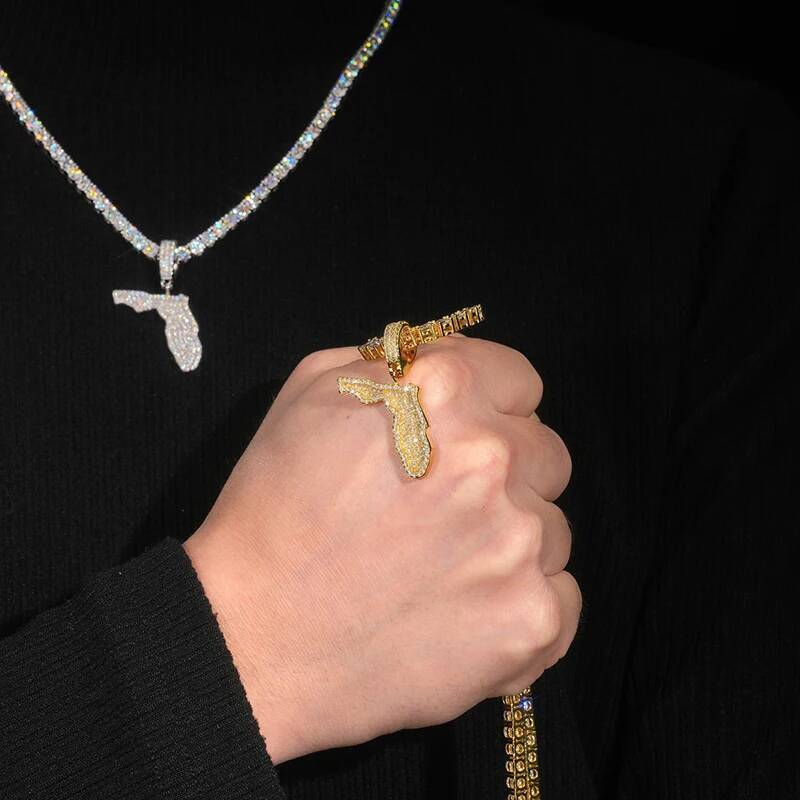 Hiphop Iced Bling Moissanite Florida State Pendant 925 Sterling Silver Plated 14k Gold Pass Diamond Tester Wholesale Jewelry