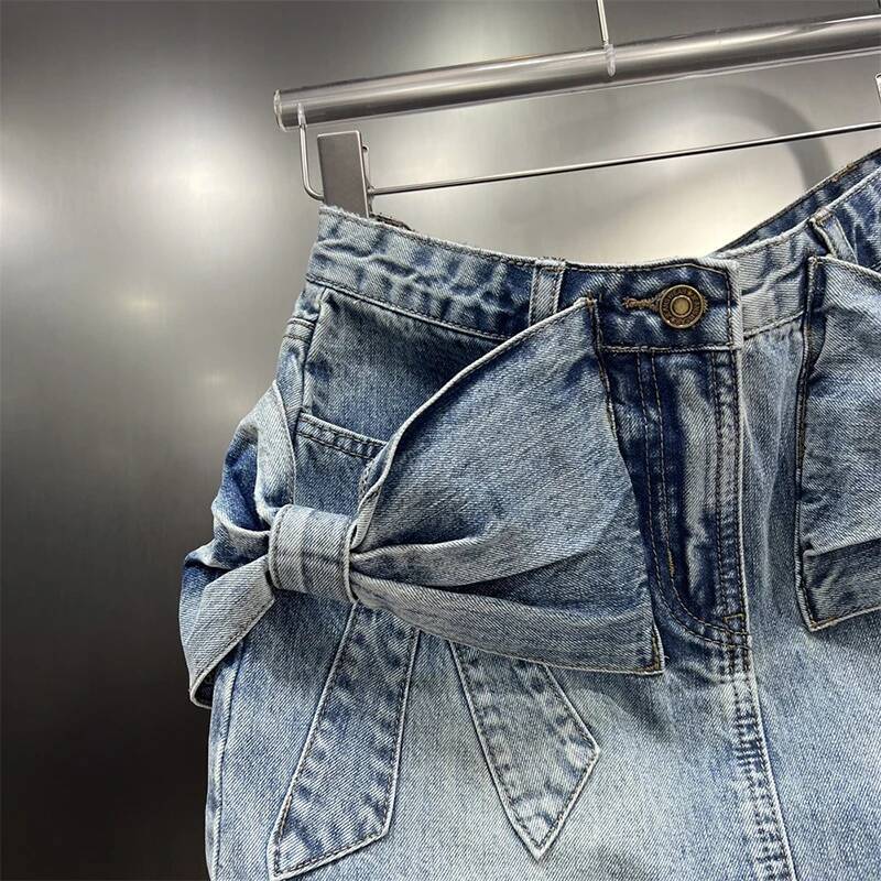 2025 Summer New Women's Bow Denim Mini fashion Skirt, Women's Fashion and Sexy Wrapped Butt Denim Skirt, New Designer