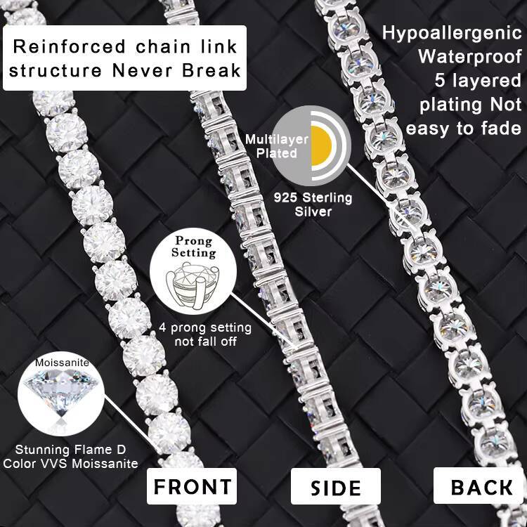 Hip Hop ecklace 925 Sterling Silver VVS Moissanite Diamond Tennis Chain ecklace Bracelet for Men Women Fine Jewelry