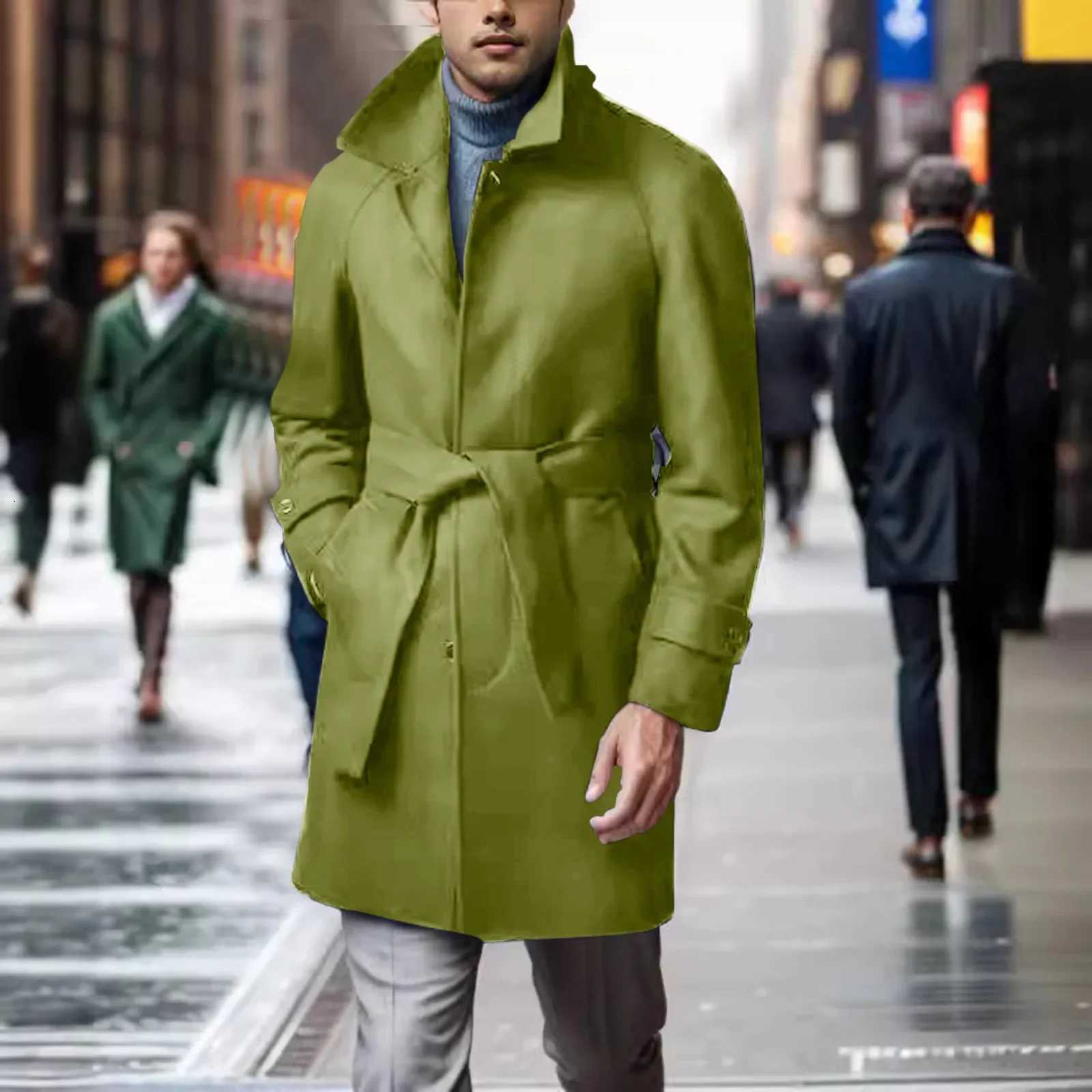 Vintage Woolen Windbreaker Mens Trench Coats Fall Winter Outdoor Fashion Lapel Buttoned Belt Mid Jackets Mens Casual Outerwear XJ250809