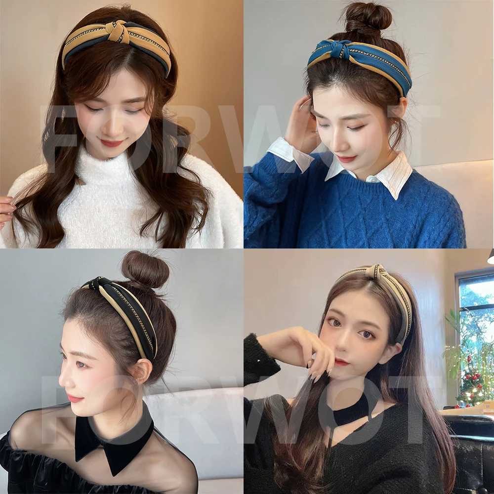 Wide Top Knot Hair Bands For Women Solid Color Chain Bow Elastic Hair Bezel Girls Band Hair Hoop Female Hair Accessories Y250809