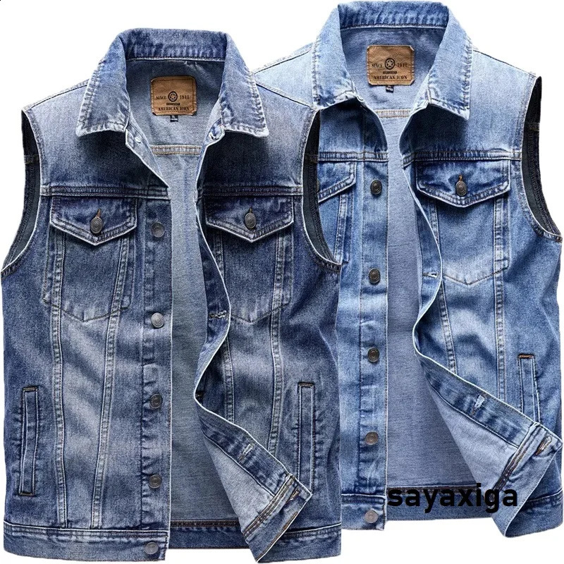 Mens Cargo Denim Vest Multi Pockets Sleeveless Jacket Fashion Washed Jeans Waistcoats Male Waistcoats Vests Sleeveless Jackets 250805