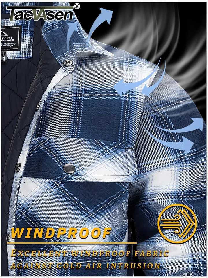 TACVASEN Winter Plaid Cotton Jackets Mens Long Sleeve Quilted Lined Flannel Shirt Jacket Multi-Pockets Outwear Hiking Coats Tops W250809