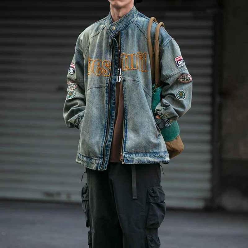 American Retro Denim Jacket Patch Embroidery Motorcycle Distressed Jeans Coat Men High Street Workwear Zipper Stand Collar Top W250809