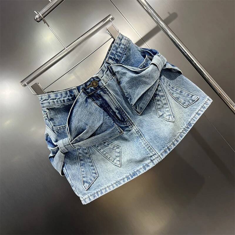 2025 Summer New Women's Bow Denim Mini fashion Skirt, Women's Fashion and Sexy Wrapped Butt Denim Skirt, New Designer