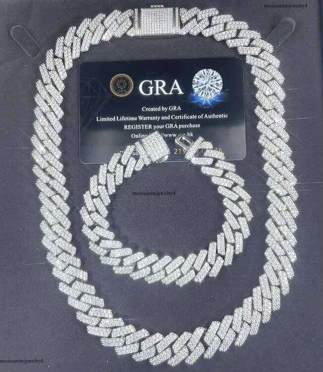 Pass Dia Tester GRA Moissanite 13mm 15mm 20mm Width 2rows S Solid Sier Cuban Link Chain for Rapper Hip Hop Necklace