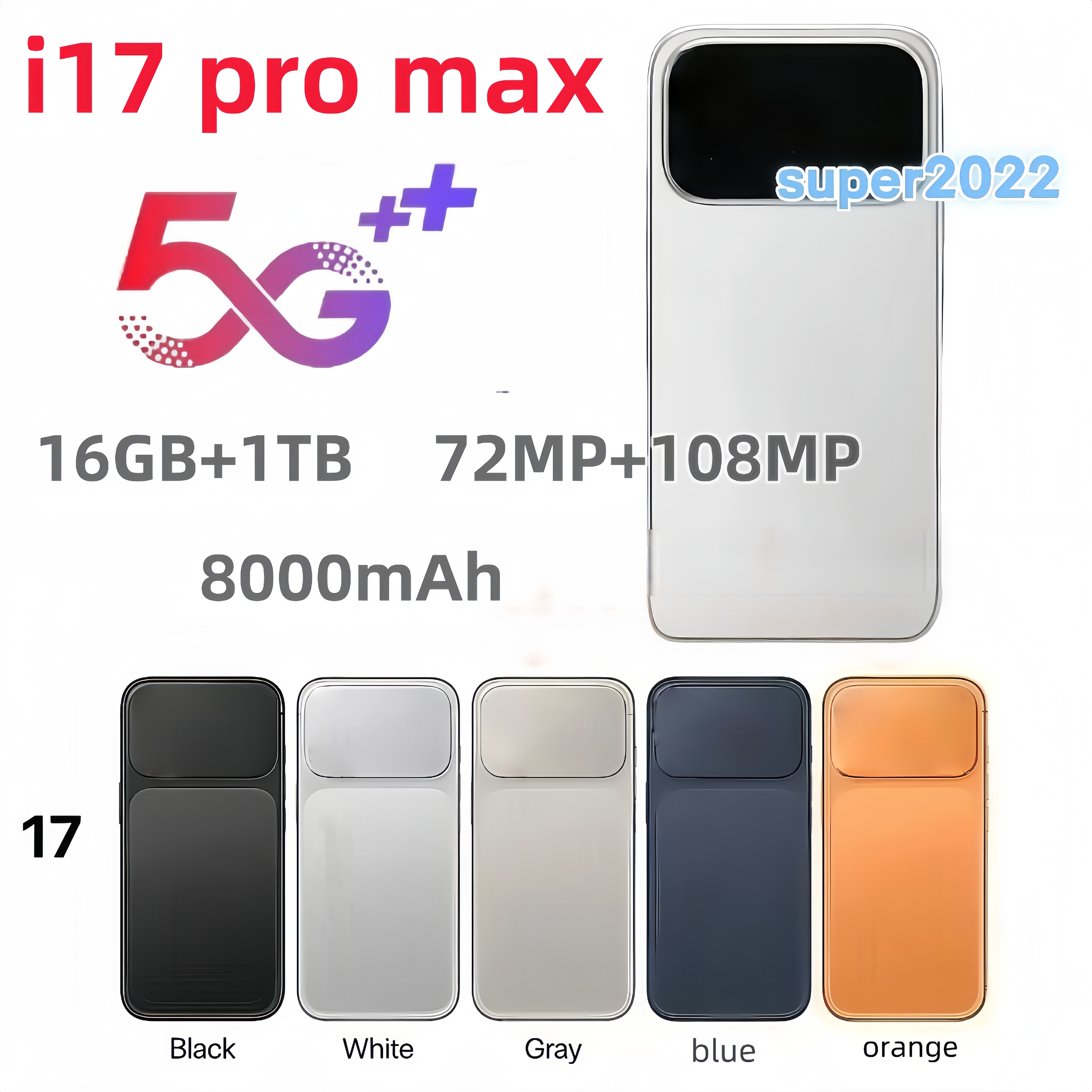 i17 Pro Max 16+1TB wireless charging 5G Android smartphone network unlock 7.3 Full HD 72+108MP dual camera fingerprint unlock facial recognition