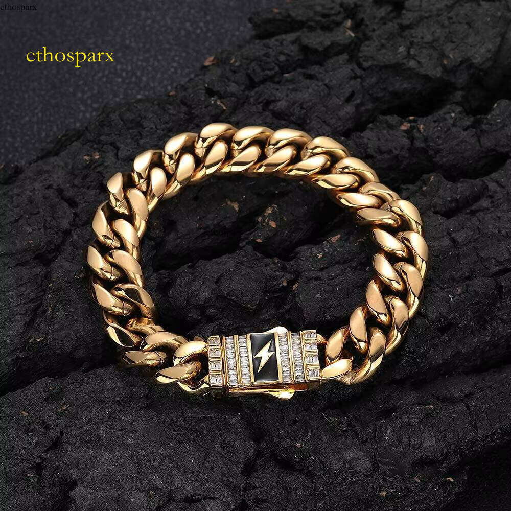 Men's Miami Hip Hop Cuban Bracelet Stainless Steel with Gold Plated Baguette Lighting Clasp Fine Jewelry in Bracelets