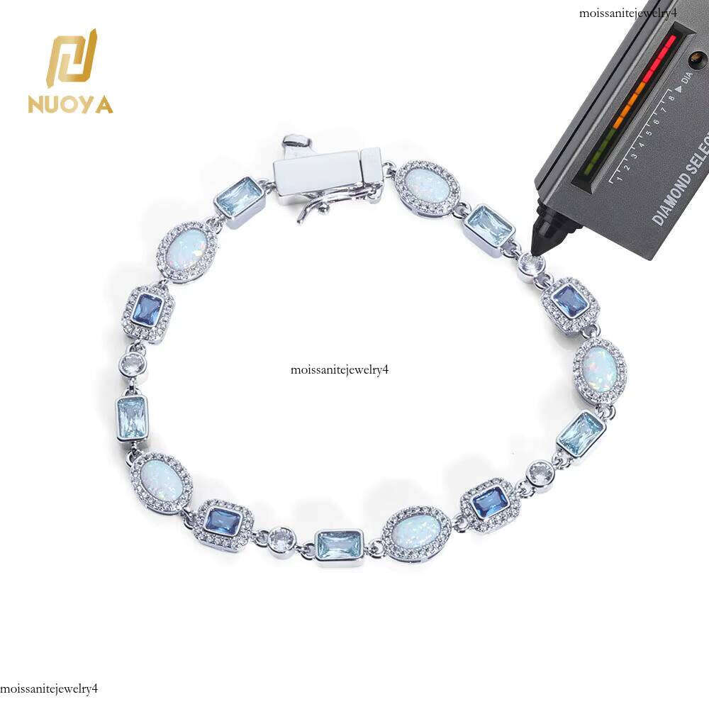 NUOYA Iced Out 6mm VVS Moissanite Chain Sier Geometric Design Multicolor CZ Stones Hip Hop Bracelet Gift