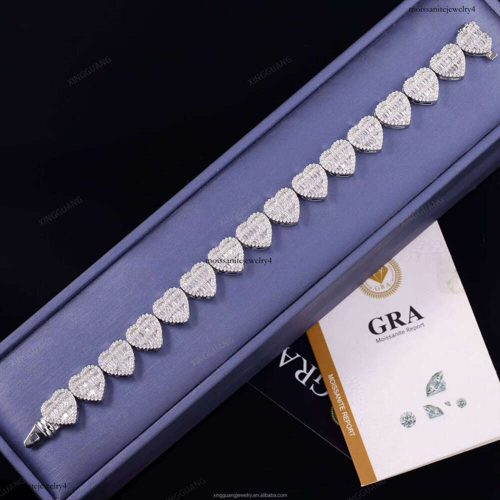 XG Pass Dia Tester Heart Shape Bracelets Iced Out Cuban Sier Gold Plated Vvs Moissanite