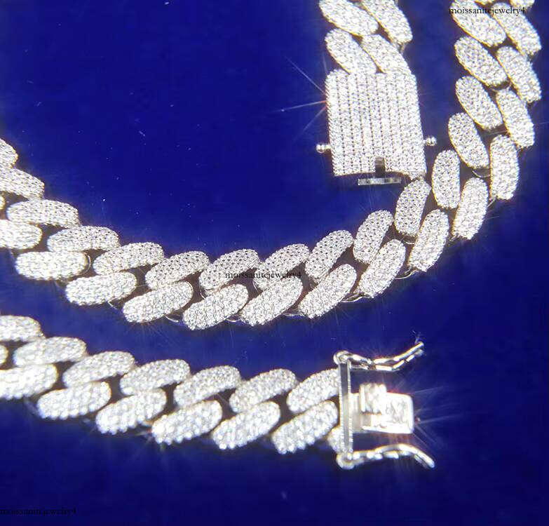 Fine Jewelry 3rows 13mm Solid Sier With D Color GRA Moissanite Mens Cuban Link Chain Rapper Hip Hop Necklace