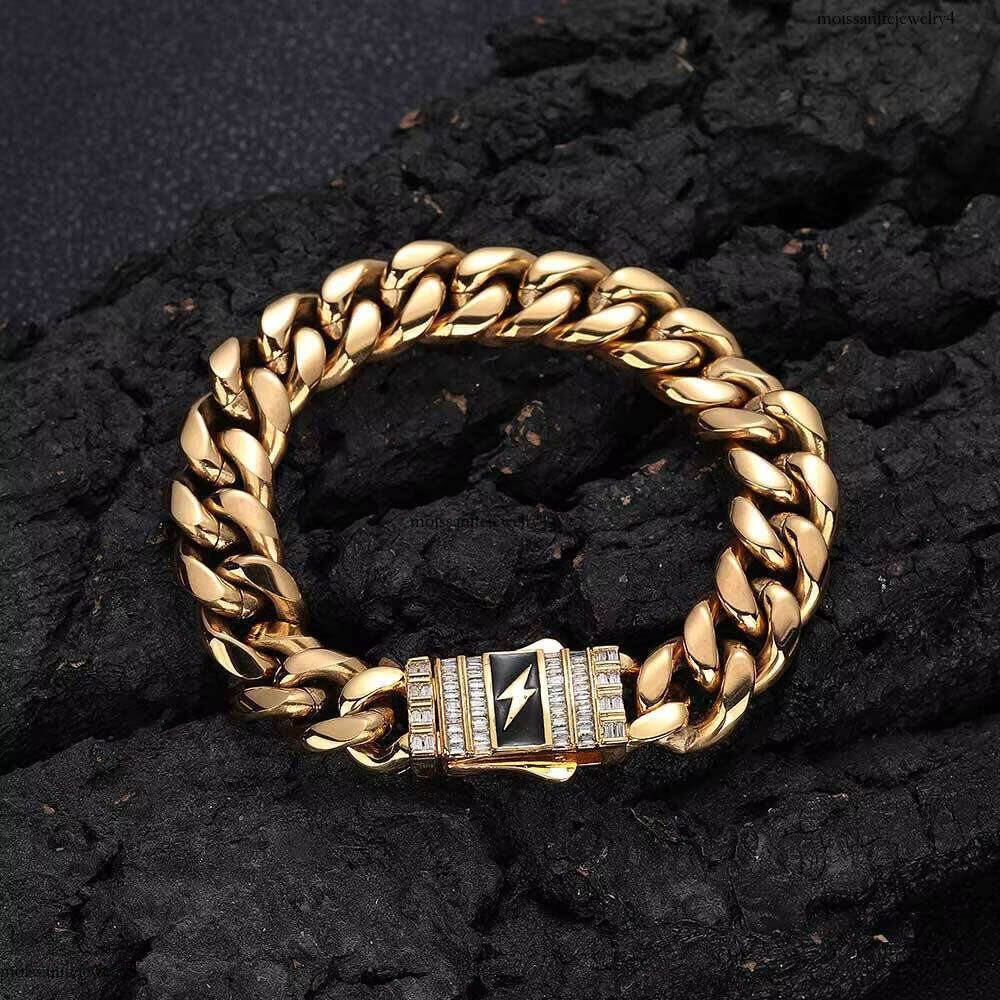 Men's Miami Hip Hop Cuban Bracelet Stainless Steel with Gold Plated Baguette Lighting Clasp Fine Jewelry in Bracelets