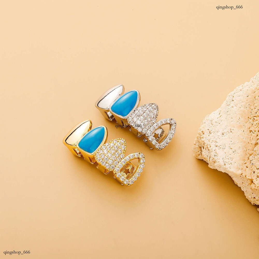 HIPHOP Zircon Grillz Mirror Blue Oil Drip Mixed Hollow Gold Teeth