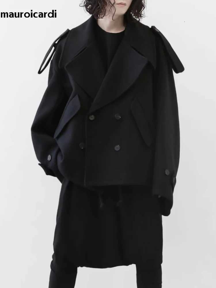 Mauroicardi Autumn Winter Warm Oversized Black Woolen Coat Men Cool Loose Luxury Dark Academia Aesthetic Vintage Clothes 2023 XJ250809