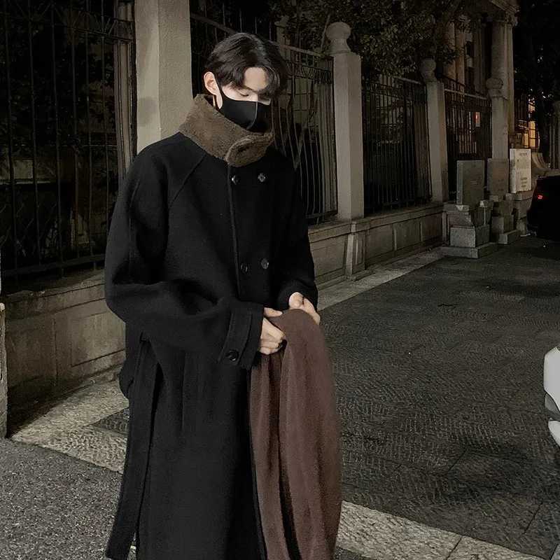 Mens Lamb Wool Patchwork Woolen Overcoat Men High-end Stand Collar Casual Loose Korean Style Winter New Elegant Trench Coat XJ250809