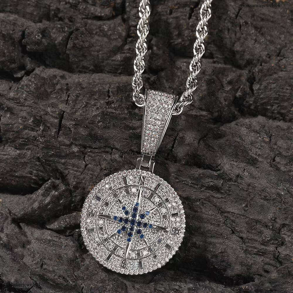 NUOYA Full Iced Out Dia Coin White Gold Plated Brass Micro Pave Blue Zircon Compass Charm Pendant