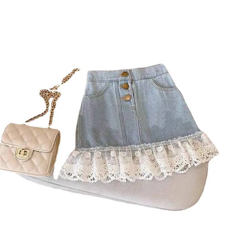 2025 New Summer Children's Baby Girls' Cowboy Skirt Cotton Lace Bottom Children's Girls' Skirt Korean Sweet Preschool Girls' 
