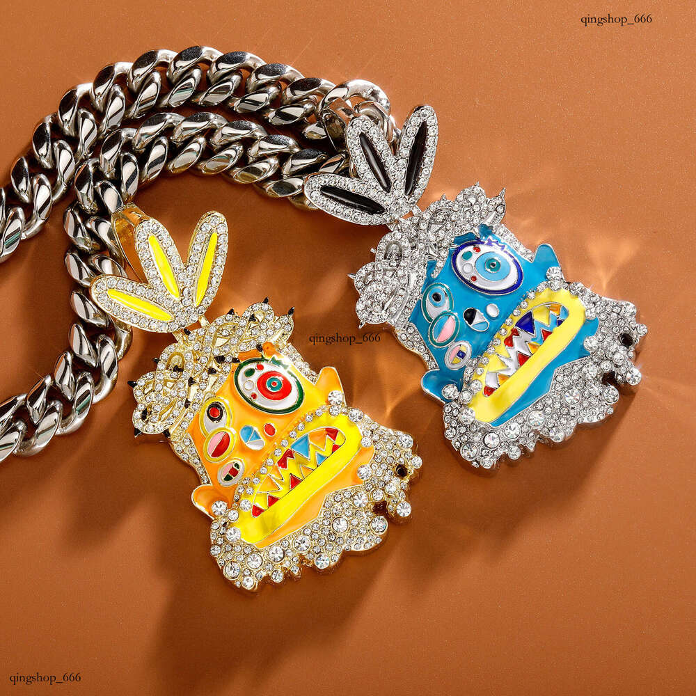 Unique Cartoon Avatar Large Pendant Colorful Enamel Alloy Full Dia Necklace Cool Hip-Hop