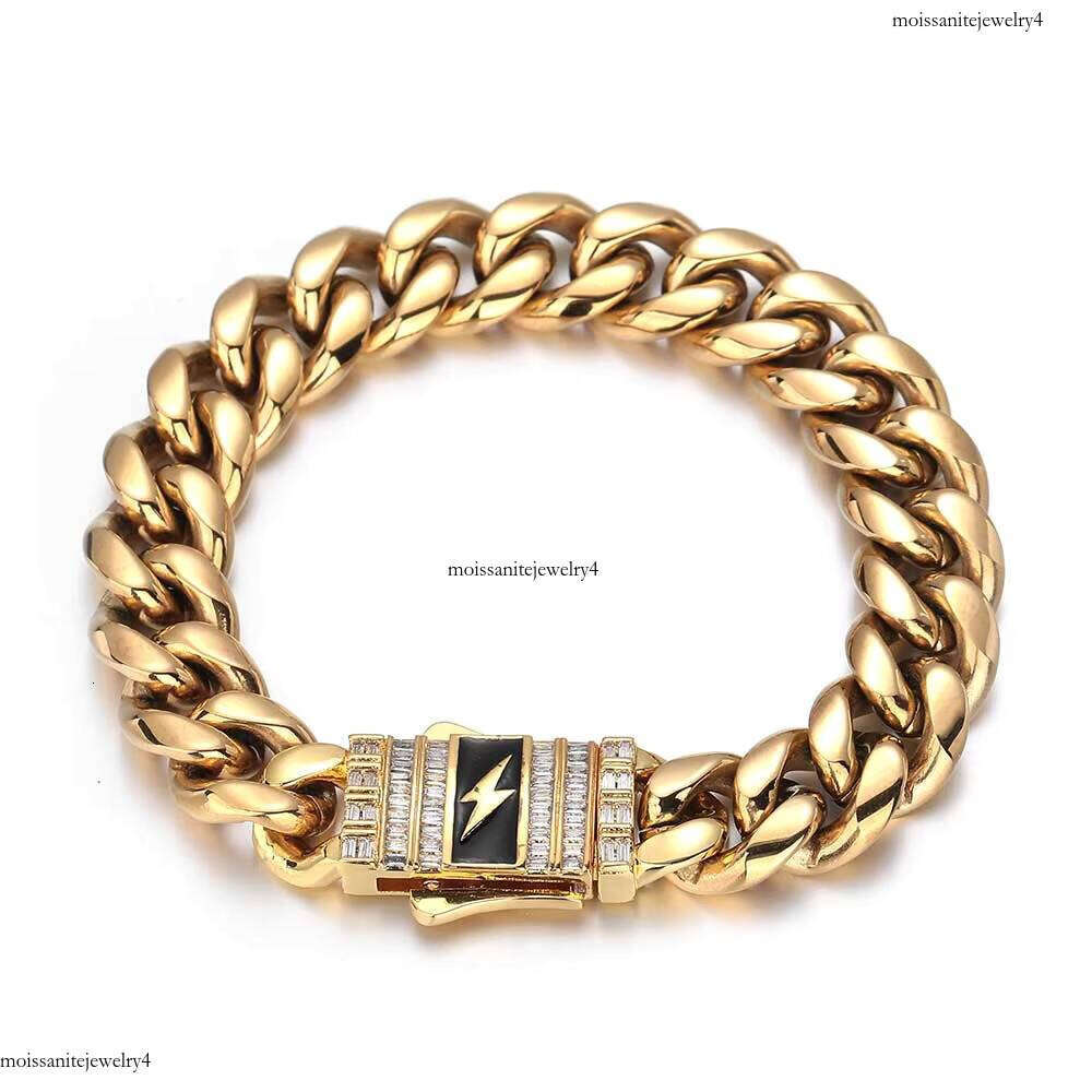 Men's Miami Hip Hop Cuban Bracelet Stainless Steel with Gold Plated Baguette Lighting Clasp Fine Jewelry in Bracelets
