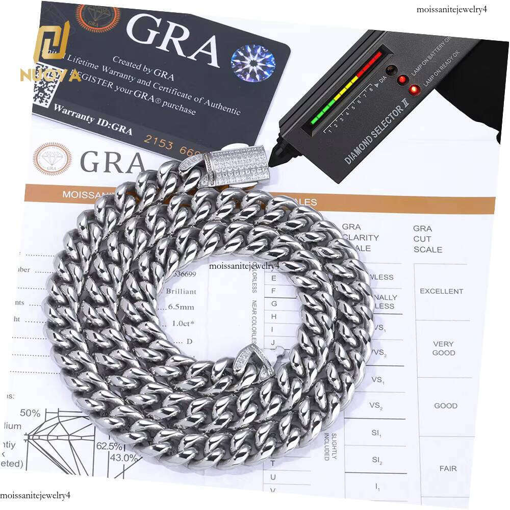 NUOYA Hip Hop Jewelry 12mm Cuban Link Chain Gold Plated Stainless Steel Necklace with Moissanite Dia Clasp for Men Women