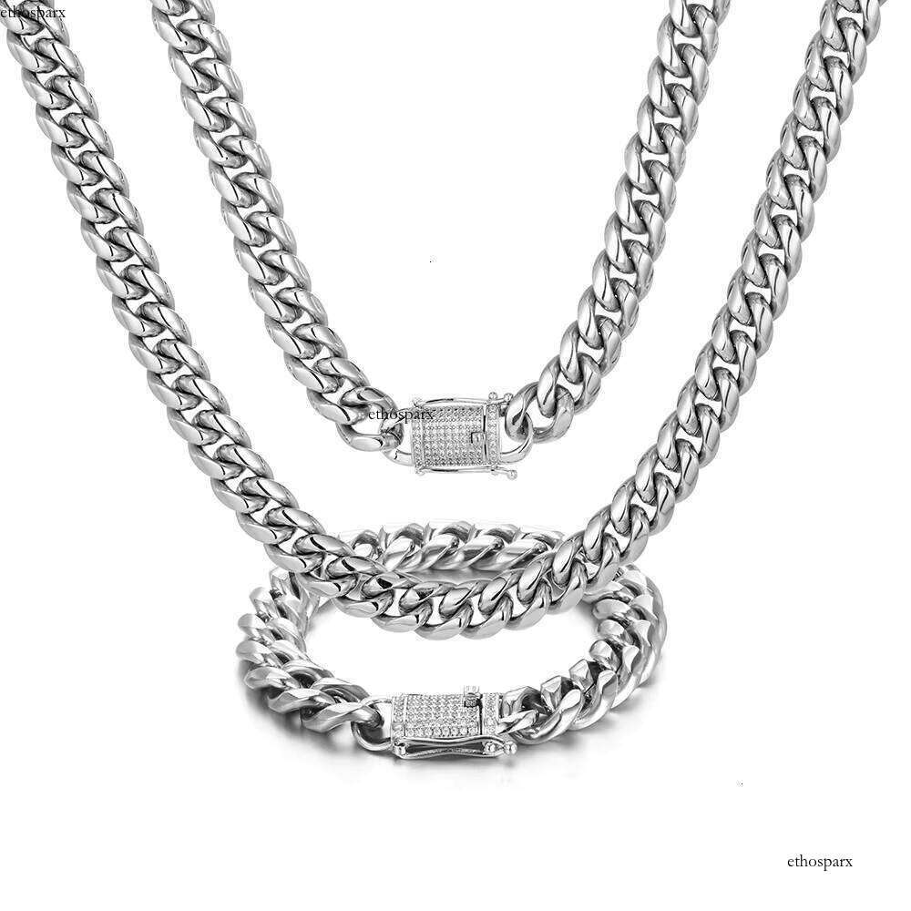 Wholesale 12mm Stainless Steel Gold Plated Dia Prong Clasp Necklace Cuban Link Chain