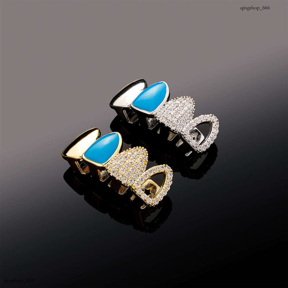 HIPHOP Zircon Grillz Mirror Blue Oil Drip Mixed Hollow Gold Teeth