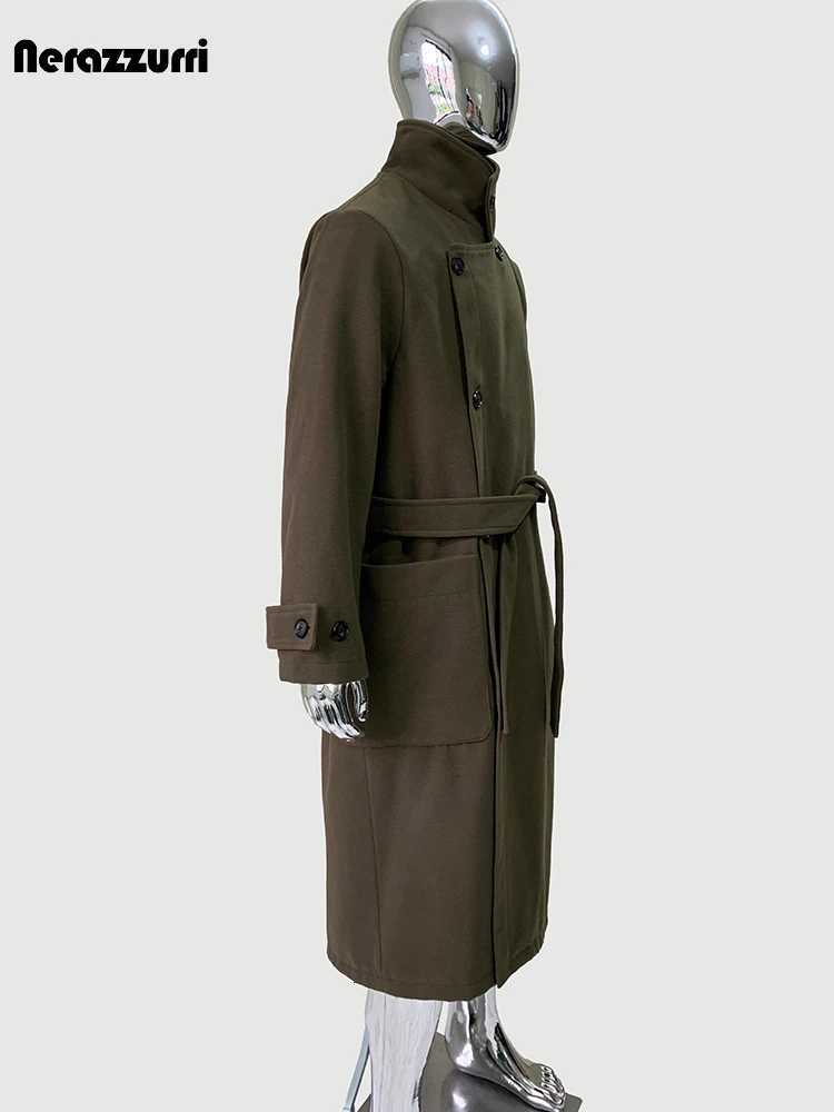 Nerazzurri Spring Autumn Winter Long Thick Soft Warm Black Wool Blends Coat Men Sashes Luxury Elegant Chic Woolen Overcoat 2025 XJ250809